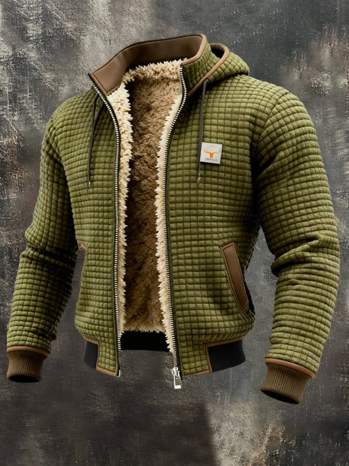 Mens Quilted Jacket Fleece-Lined Hooded Zip-Up Thermal Coat - Olive Green