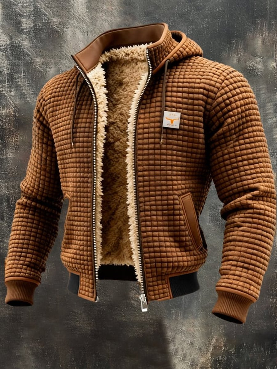 Mens Quilted Jacket Fleece-Lined Hooded Zip-Up Thermal Coat - Brown