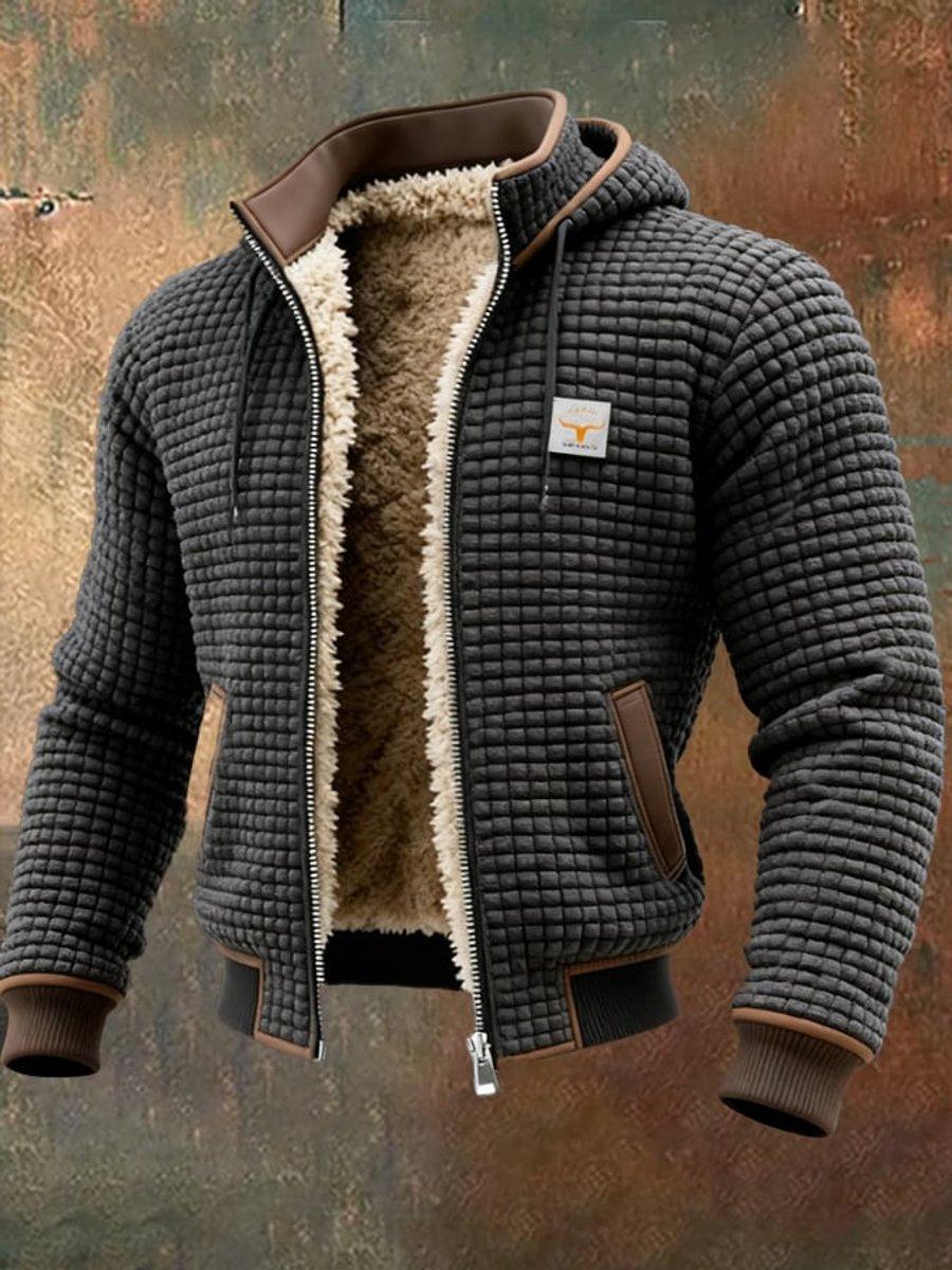 Mens Quilted Jacket Fleece-Lined Hooded Zip-Up Thermal Coat