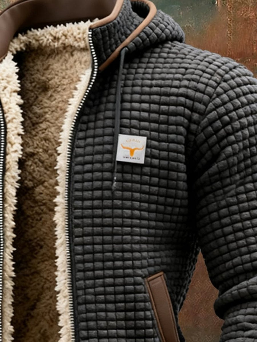 Mens Quilted Jacket Fleece-Lined Hooded Zip-Up Thermal Coat