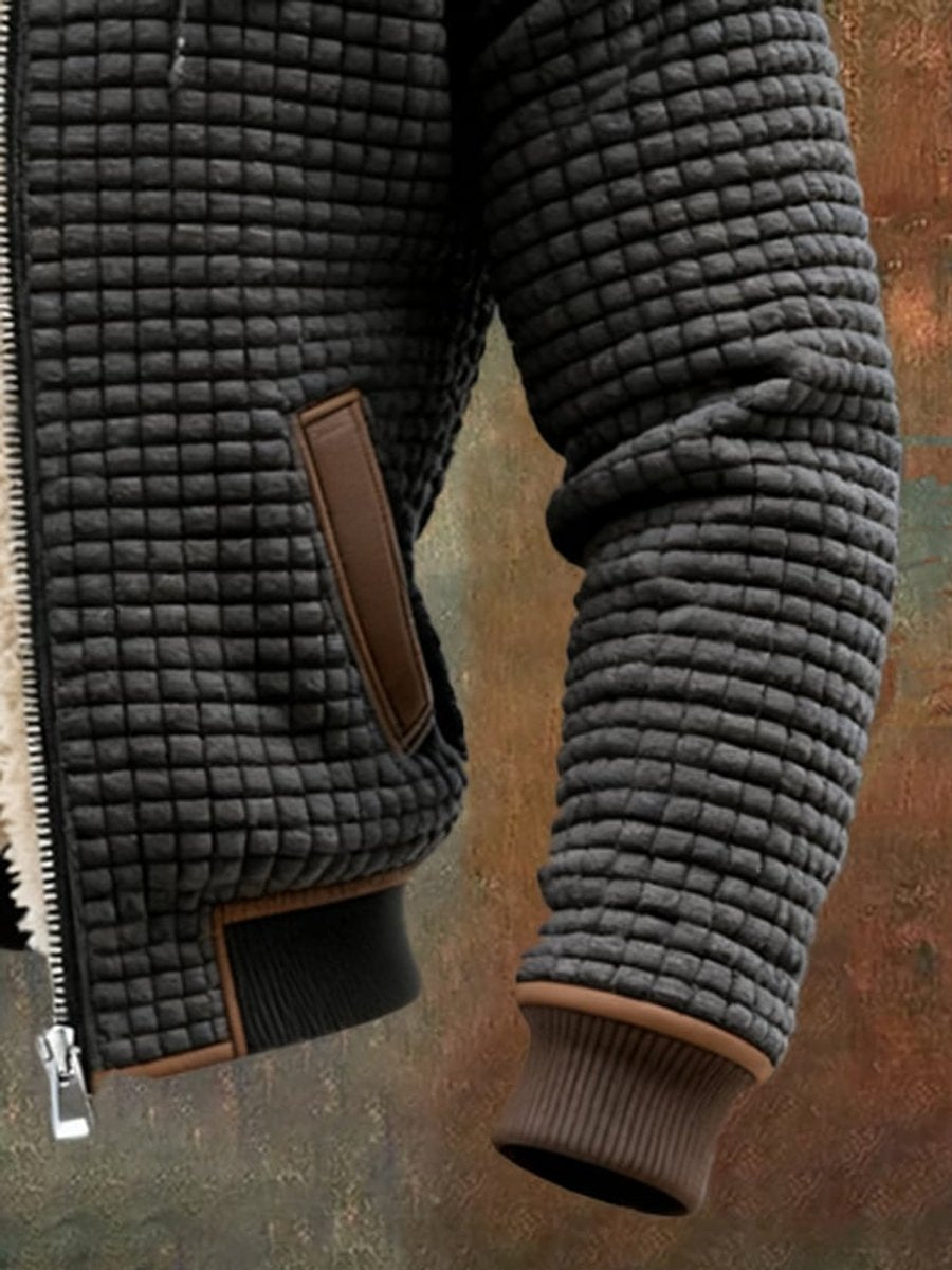 Mens Quilted Jacket Fleece-Lined Hooded Zip-Up Thermal Coat