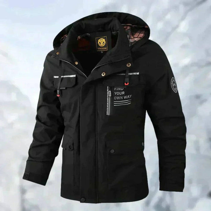 Mens Quilted Jacket Hooded Waterproof Windproof Outdoor Coat - Black