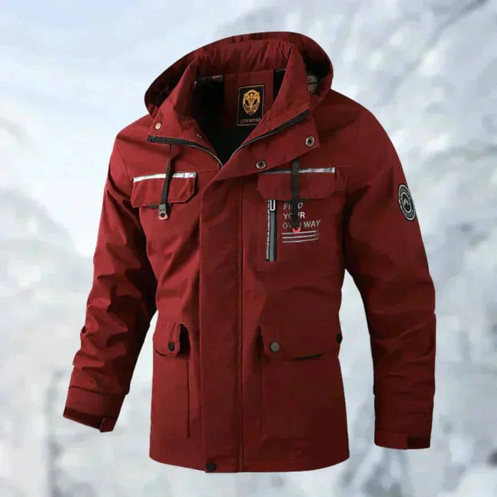 Mens Quilted Jacket Hooded Waterproof Windproof Outdoor Coat - Red