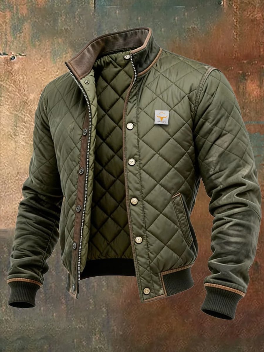Men's Quilted Jacket Insulated Stand-Collar Bomber - Green