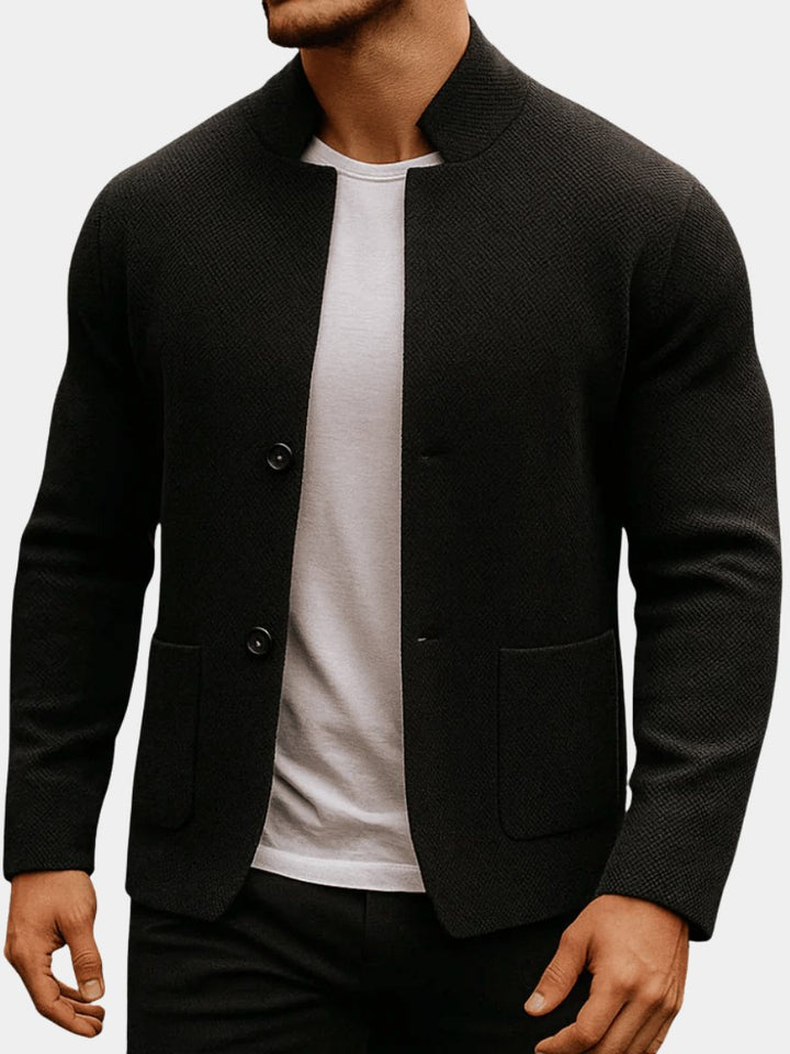 Men's Quilted Jacket Mock-Neck Button-Up Knit Blazer