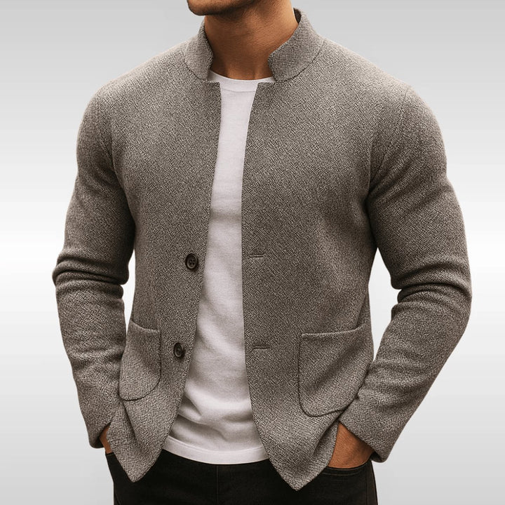 Men's Quilted Jacket Mock-Neck Button-Up Knit Blazer - Grey