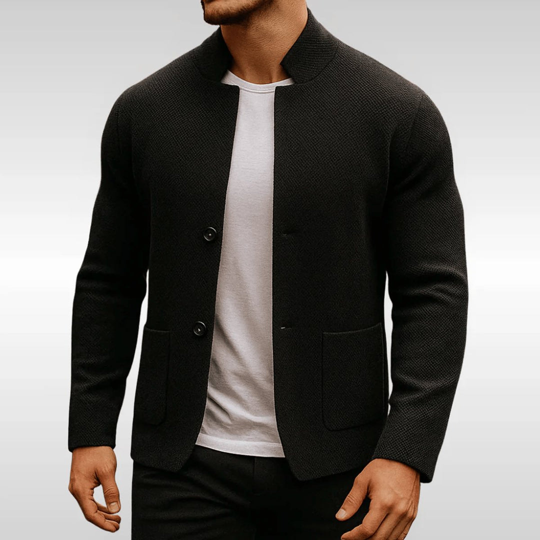 Men's Quilted Jacket Mock-Neck Button-Up Knit Blazer - Black