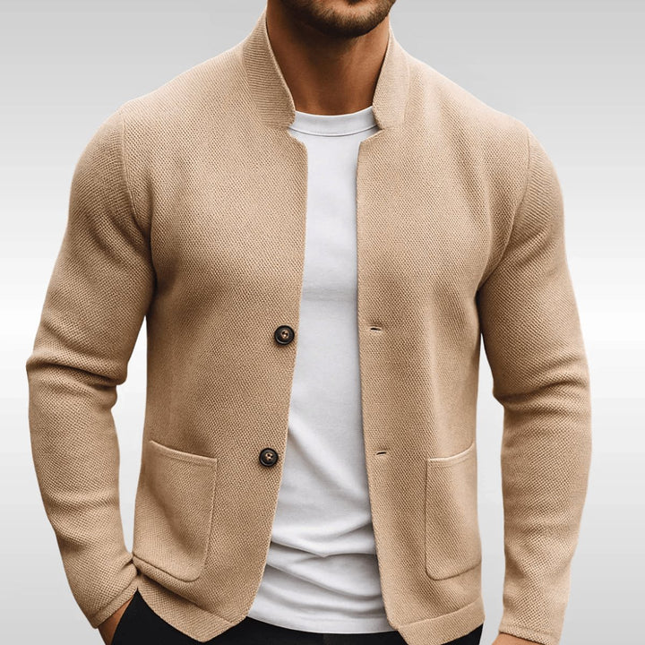 Men's Quilted Jacket Mock-Neck Button-Up Knit Blazer - Beige