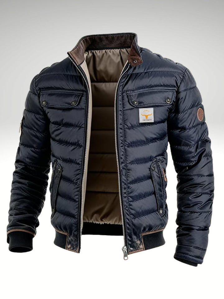 Mens Quilted Jacket Padded Puffer Stand Collar Winter Coat - Navy Blue