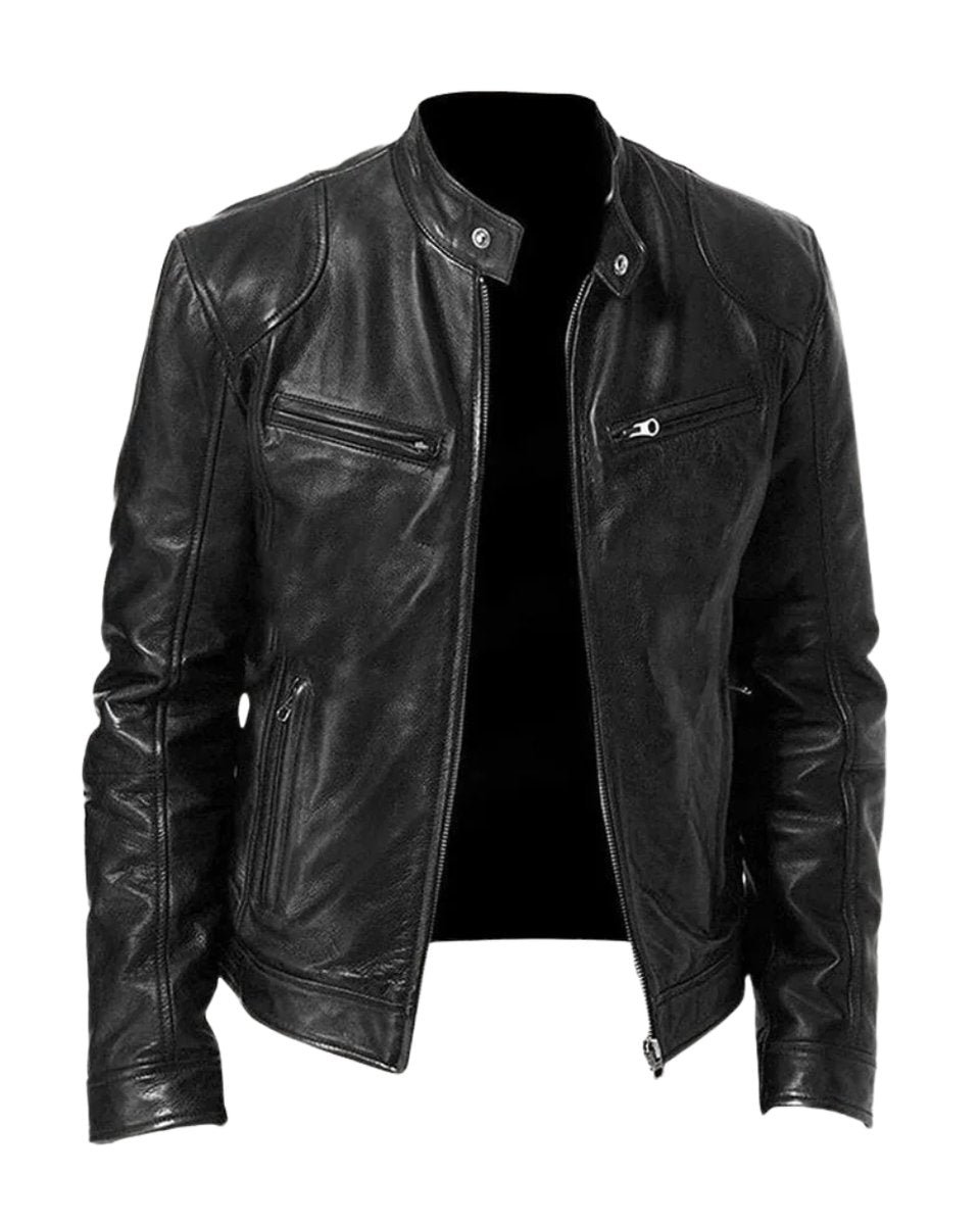 Mens Quilted Jacket Slim-Fit Biker Faux Leather Zip-Up