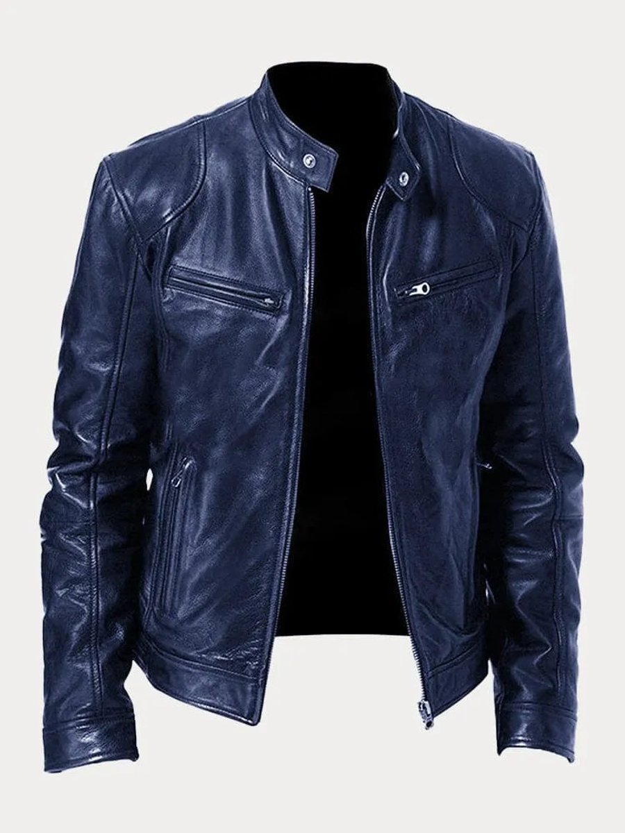 Mens Quilted Jacket Slim-Fit Biker Faux Leather Zip-Up - Dark Blue