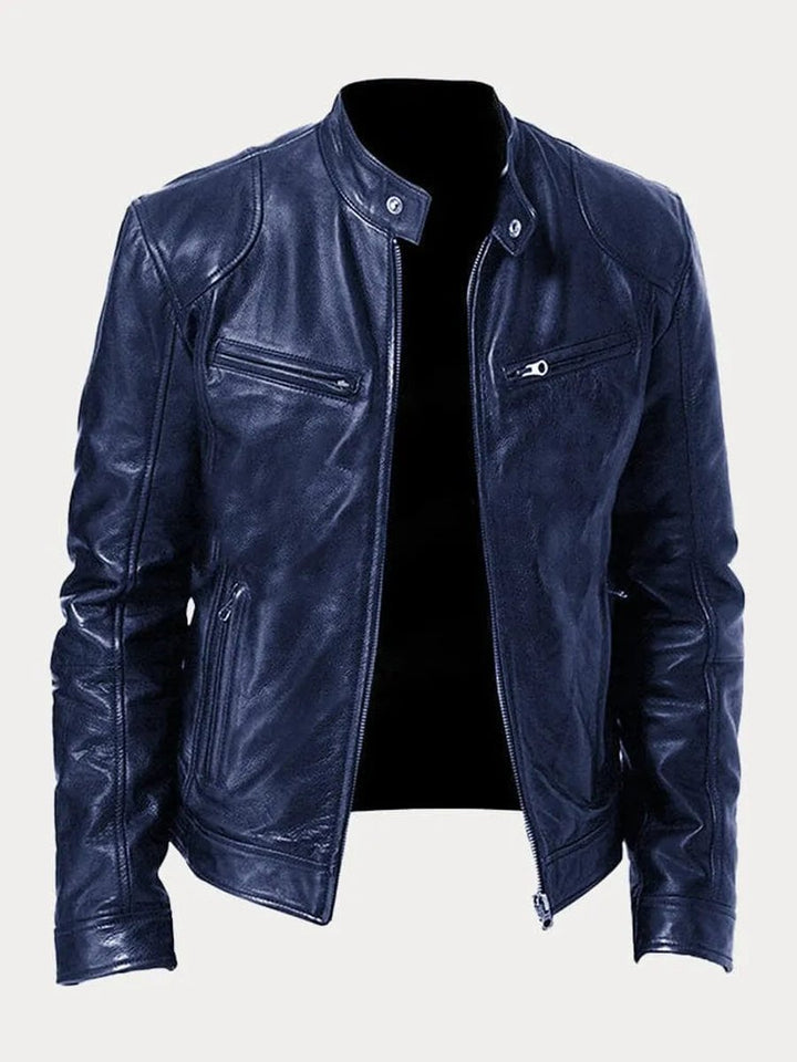 Mens Quilted Jacket Slim-Fit Biker Faux Leather Zip-Up - Dark Blue