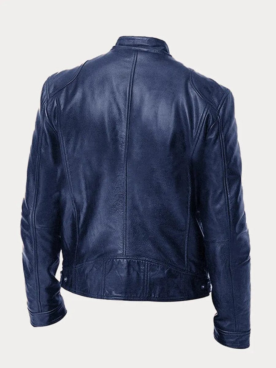Mens Quilted Jacket Slim-Fit Biker Faux Leather Zip-Up