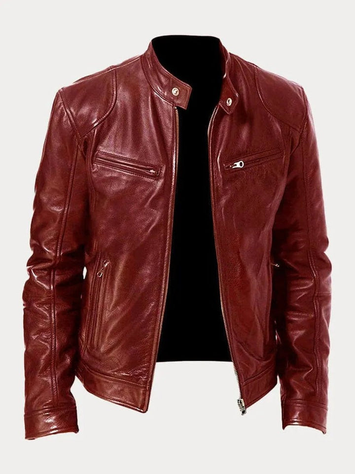 Mens Quilted Jacket Slim-Fit Biker Faux Leather Zip-Up - Dark Red