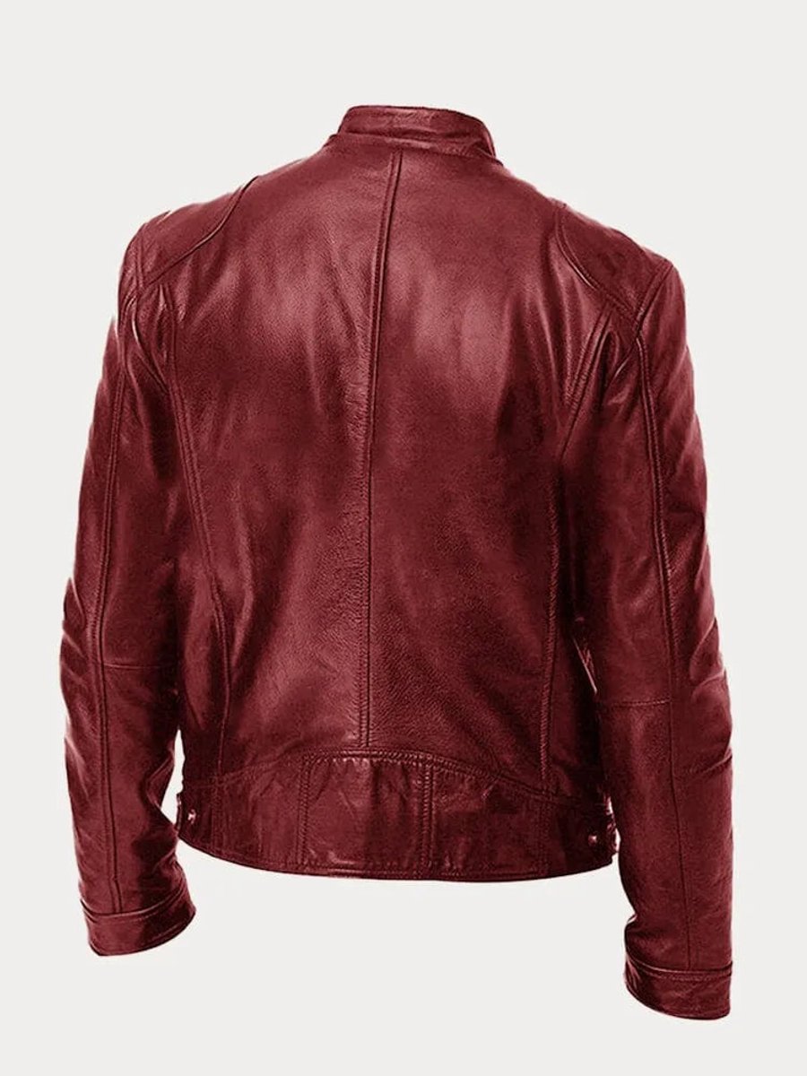 Mens Quilted Jacket Slim-Fit Biker Faux Leather Zip-Up