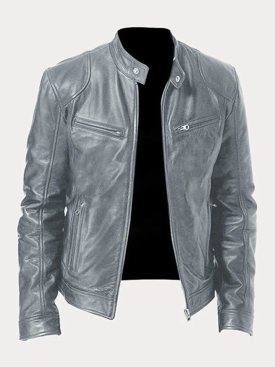 Mens Quilted Jacket Slim-Fit Biker Faux Leather Zip-Up - Grey