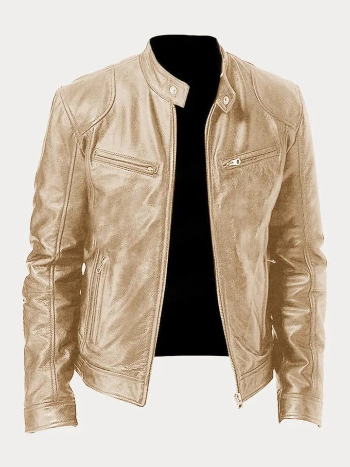 Mens Quilted Jacket Slim-Fit Biker Faux Leather Zip-Up - Gold