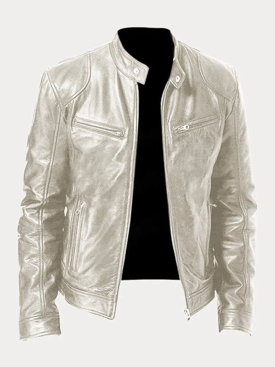 Mens Quilted Jacket Slim-Fit Biker Faux Leather Zip-Up - Silver