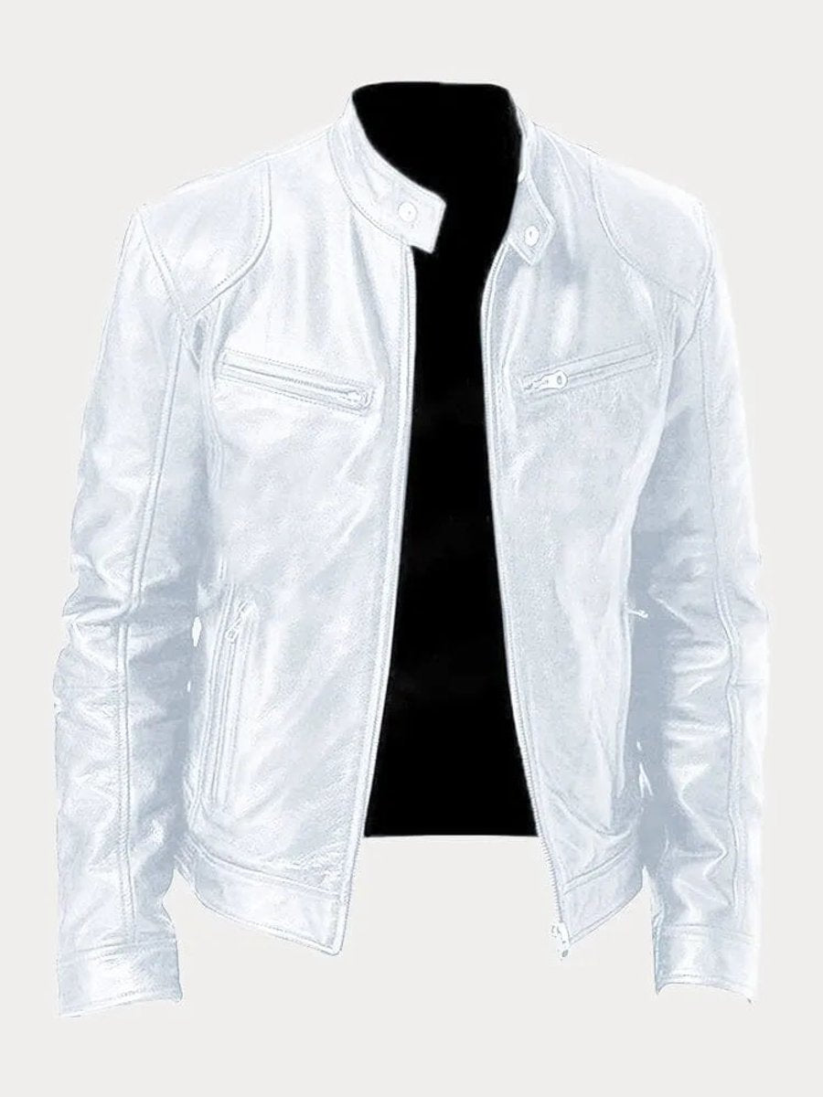 Mens Quilted Jacket Slim-Fit Biker Faux Leather Zip-Up - White