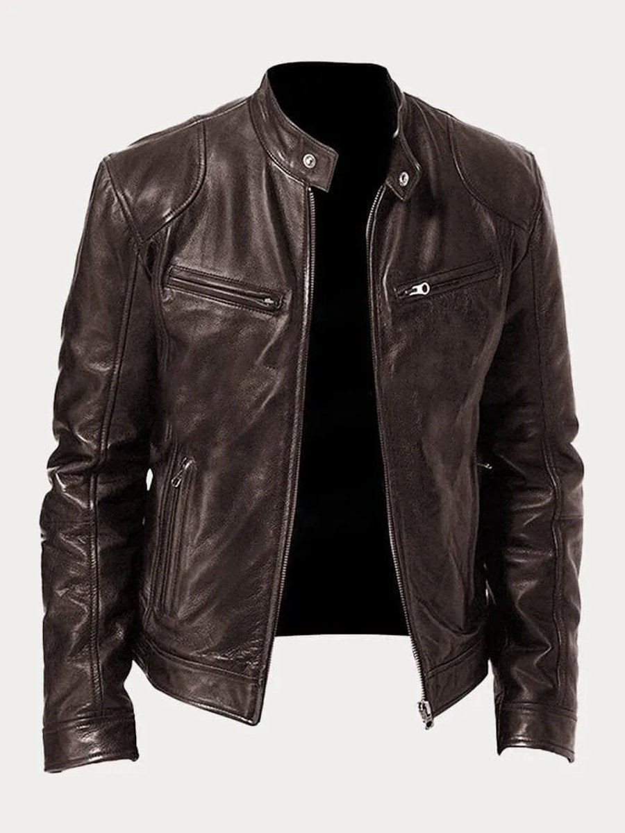 Mens Quilted Jacket Slim-Fit Biker Faux Leather Zip-Up - Brown