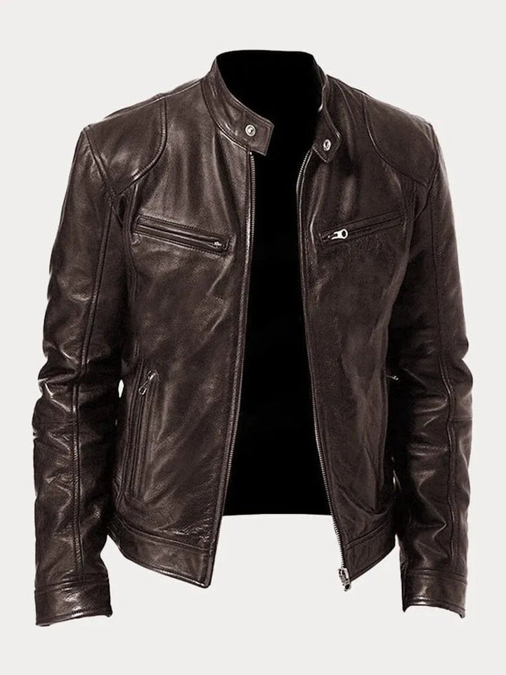 Mens Quilted Jacket Slim-Fit Biker Faux Leather Zip-Up - Brown