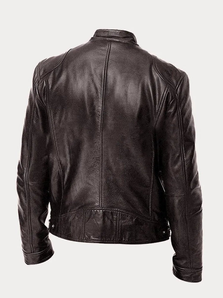 Mens Quilted Jacket Slim-Fit Biker Faux Leather Zip-Up