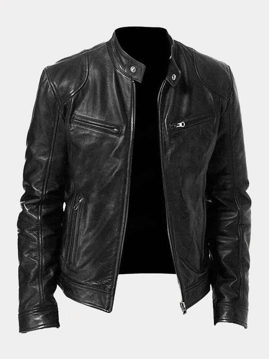 Mens Quilted Jacket Slim-Fit Biker Faux Leather Zip-Up - Black