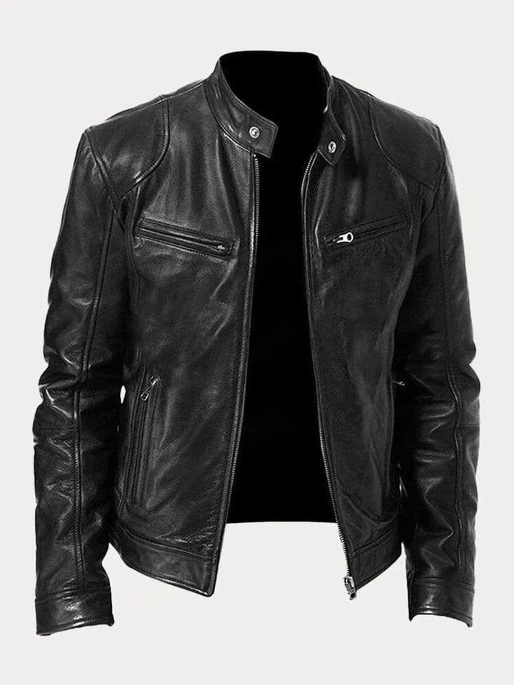 Mens Quilted Jacket Slim-Fit Biker Faux Leather Zip-Up - Black