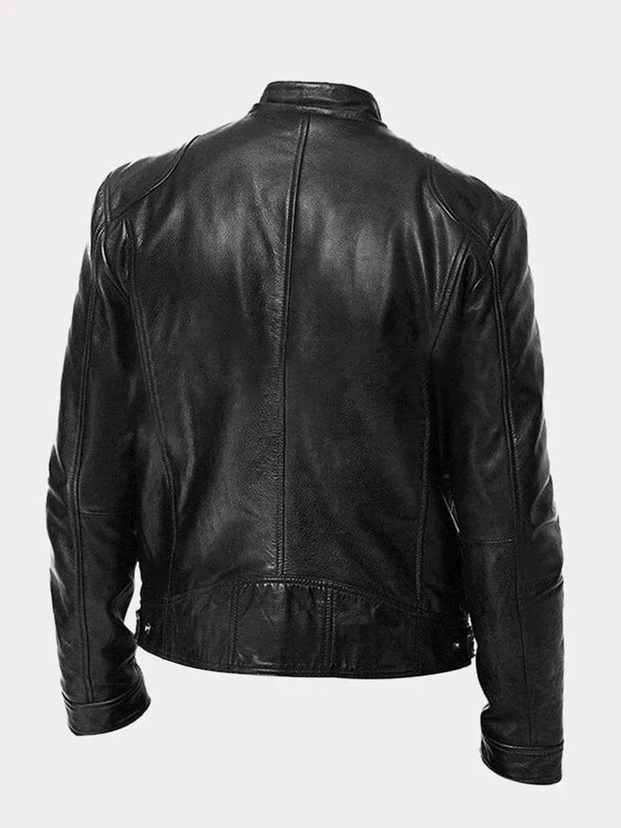 Mens Quilted Jacket Slim-Fit Biker Faux Leather Zip-Up
