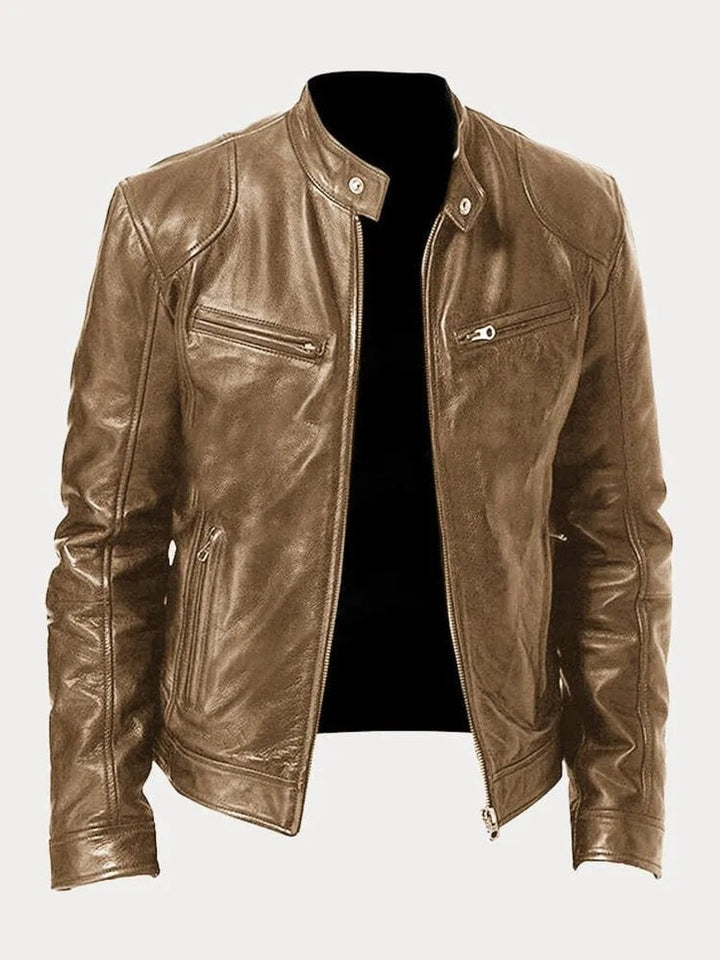 Mens Quilted Jacket Slim-Fit Biker Faux Leather Zip-Up - Khaki