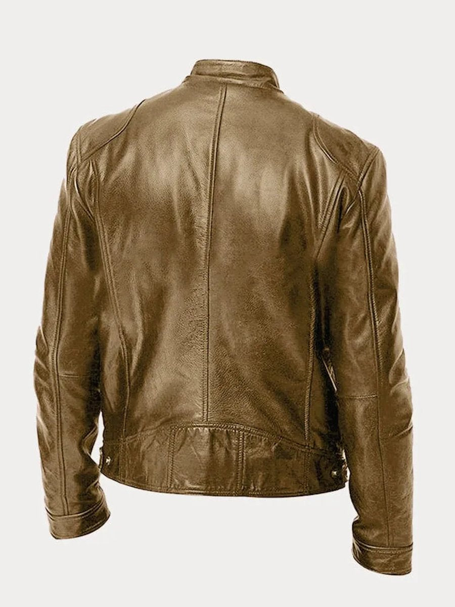 Mens Quilted Jacket Slim-Fit Biker Faux Leather Zip-Up