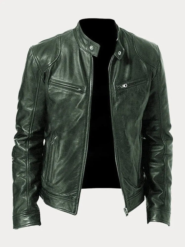 Mens Quilted Jacket Slim-Fit Biker Faux Leather Zip-Up - Military Green