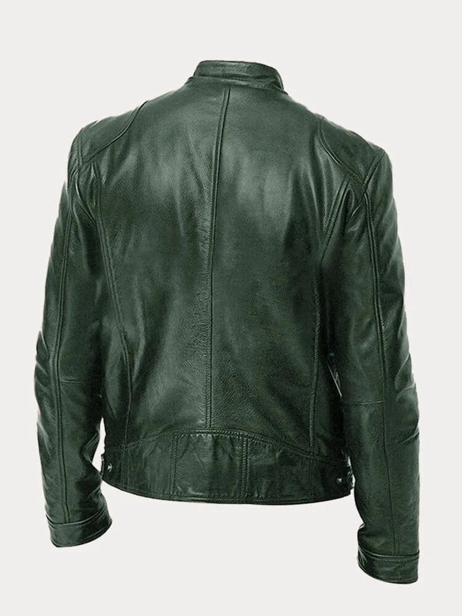 Mens Quilted Jacket Slim-Fit Biker Faux Leather Zip-Up