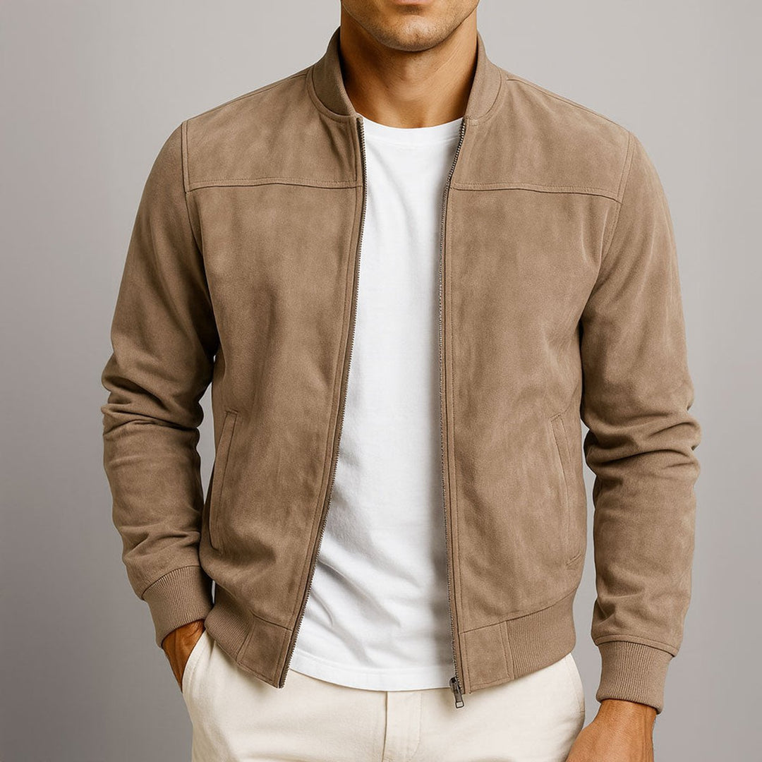 Mens Quilted Jacket Slim-Fit Suede Bomber Jacket - Brown