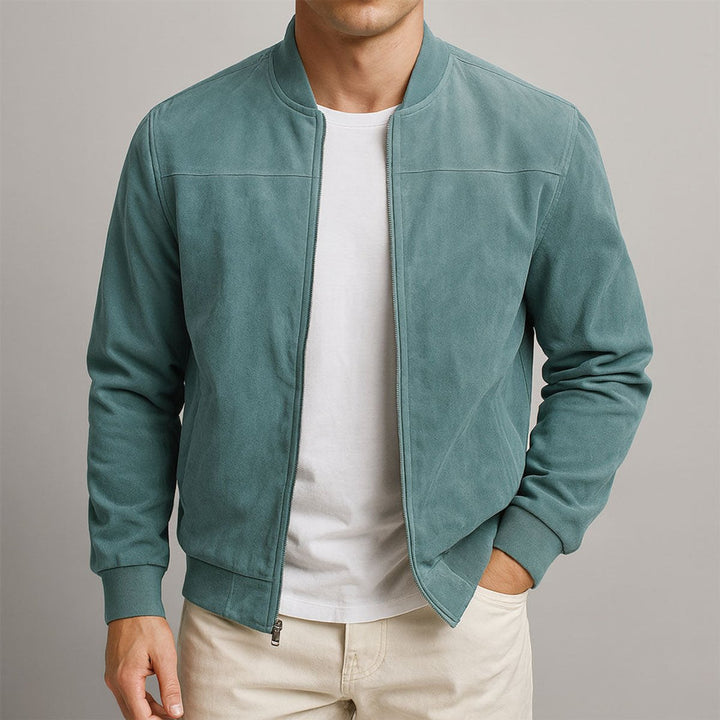Mens Quilted Jacket Slim-Fit Suede Bomber Jacket - Blue