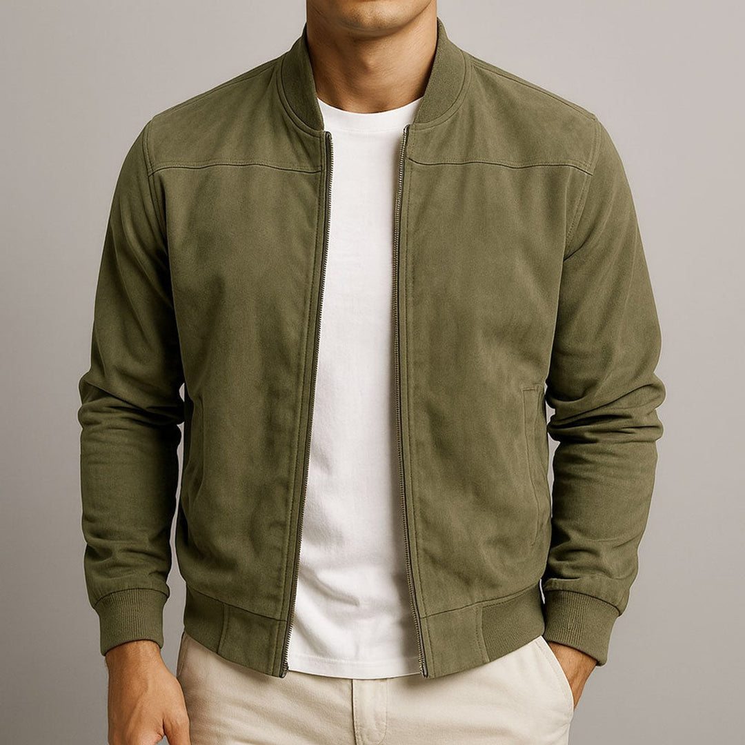 Mens Quilted Jacket Slim-Fit Suede Bomber Jacket - Green