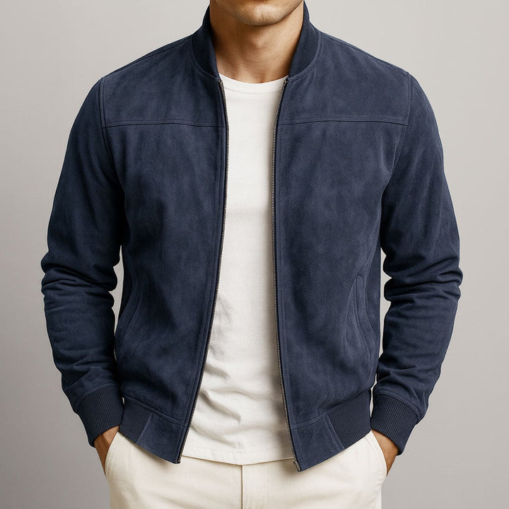 Mens Quilted Jacket Slim-Fit Suede Bomber Jacket - Dark Blue