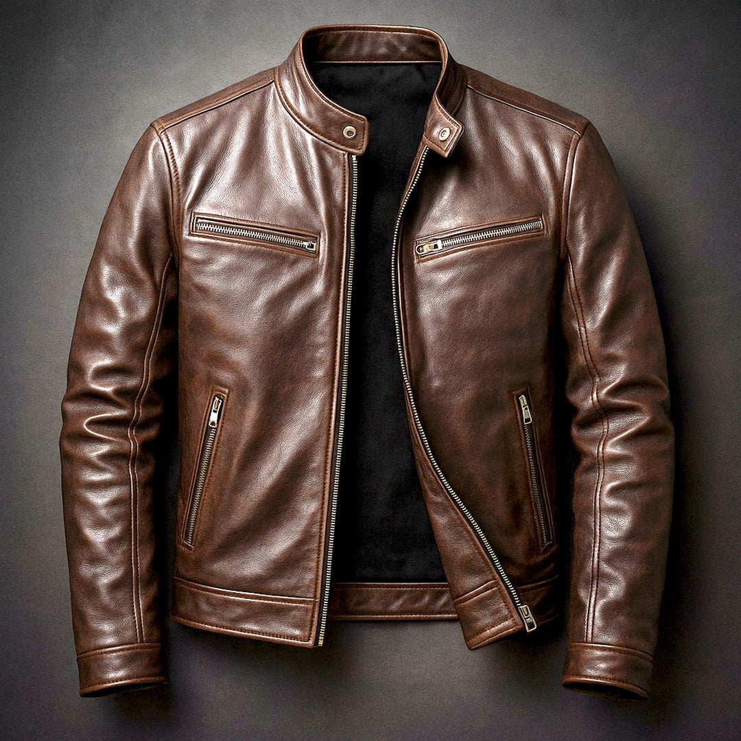 Mens Quilted Jacket Vintage Biker Style Full-Zip Leather Look - Cigar Brown