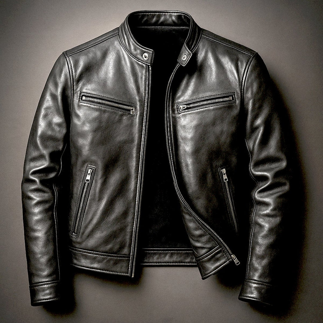 Mens Quilted Jacket Vintage Biker Style Full-Zip Leather Look - Biker Black