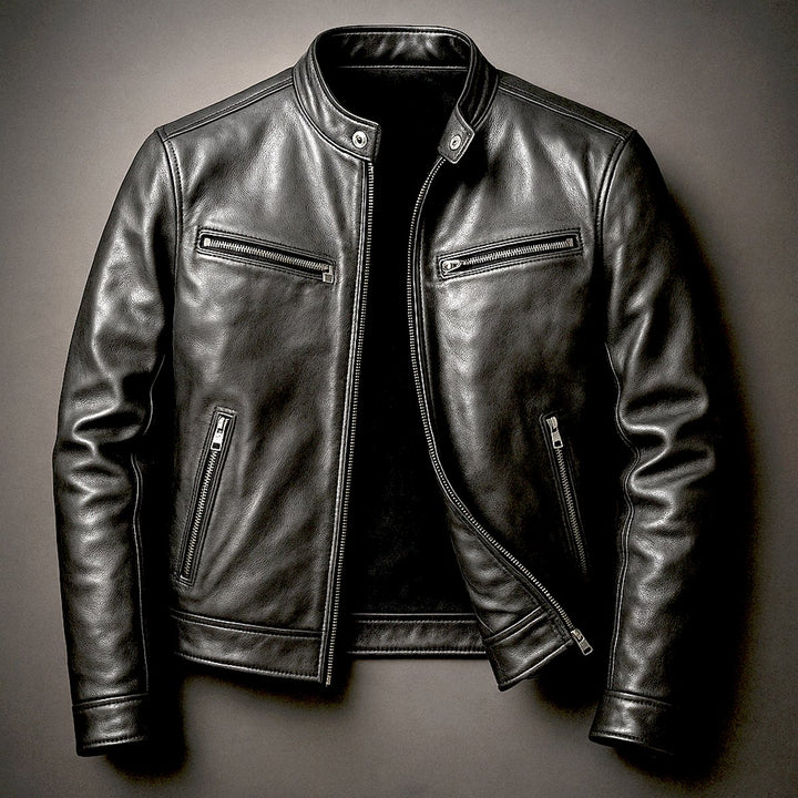 Mens Quilted Jacket Vintage Biker Style Full-Zip Leather Look - Biker Black