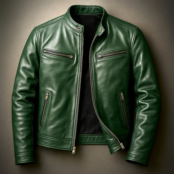 Mens Quilted Jacket Vintage Biker Style Full-Zip Leather Look - Forest Green