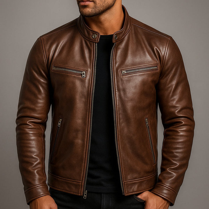 Mens Quilted Jacket Vintage Biker Style Full-Zip Leather Look