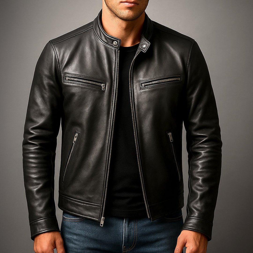 Mens Quilted Jacket Vintage Biker Style Full-Zip Leather Look