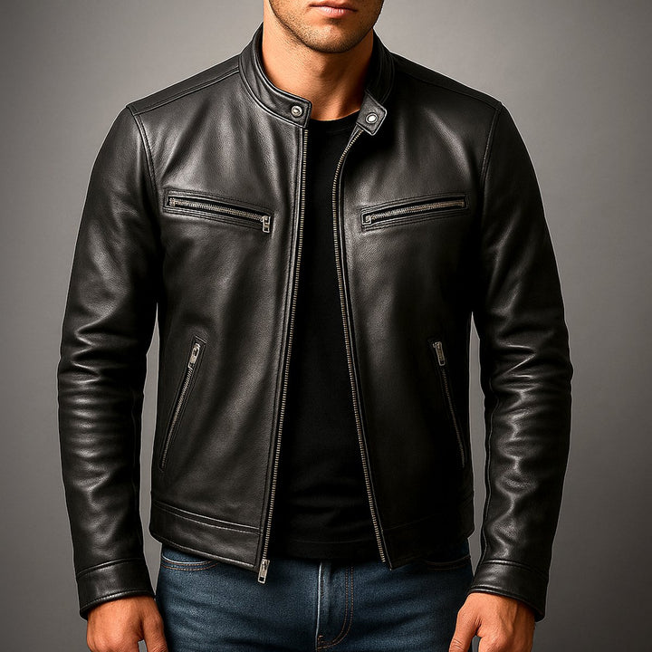 Mens Quilted Jacket Vintage Biker Style Full-Zip Leather Look