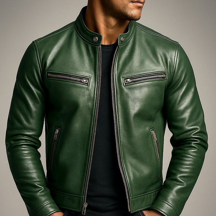 Mens Quilted Jacket Vintage Biker Style Full-Zip Leather Look