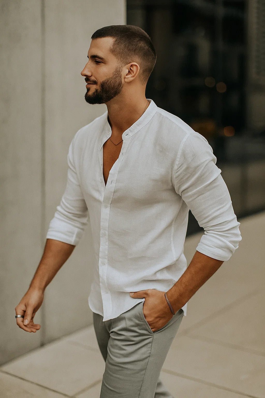 Men's Regular-Fit Linen Grandad Collar Long Sleeve Shirt