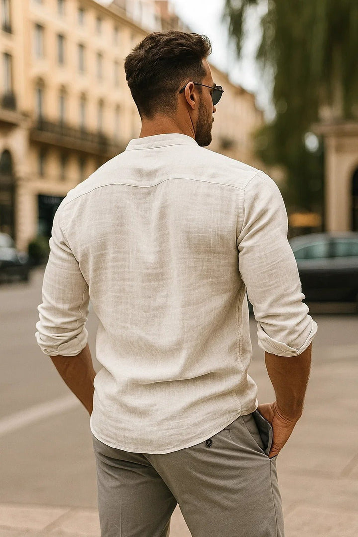 Men's Regular-Fit Linen Grandad Collar Long Sleeve Shirt