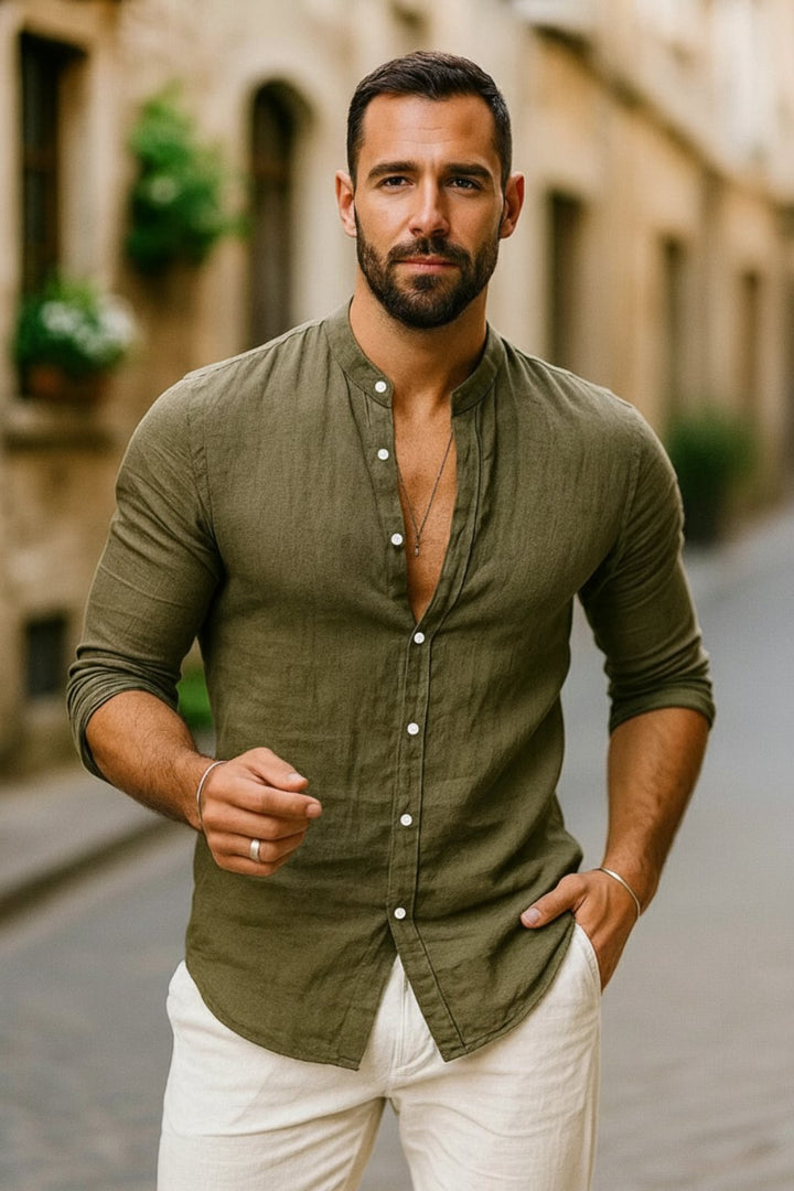 Men's Regular-Fit Linen Grandad Collar Long Sleeve Shirt - Army Green