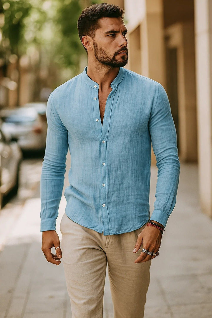 Men's Regular-Fit Linen Grandad Collar Long Sleeve Shirt - Light Blue