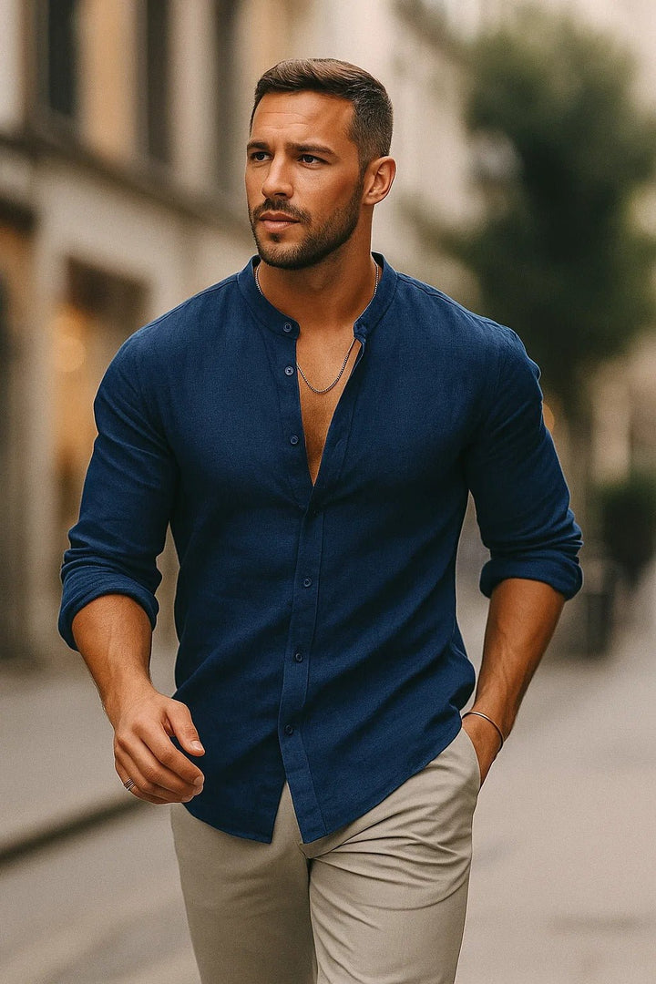 Men's Regular-Fit Linen Grandad Collar Long Sleeve Shirt - Blue